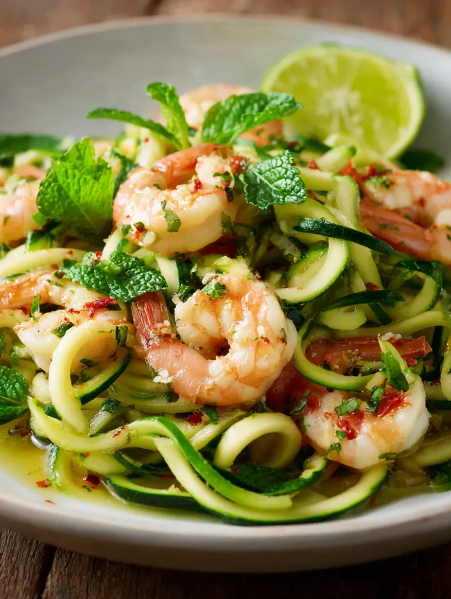 A plate of food with shrimp and zucchini noodles.