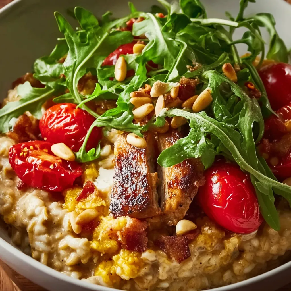 A bowl of oatmeal with tomatoes and sausage.