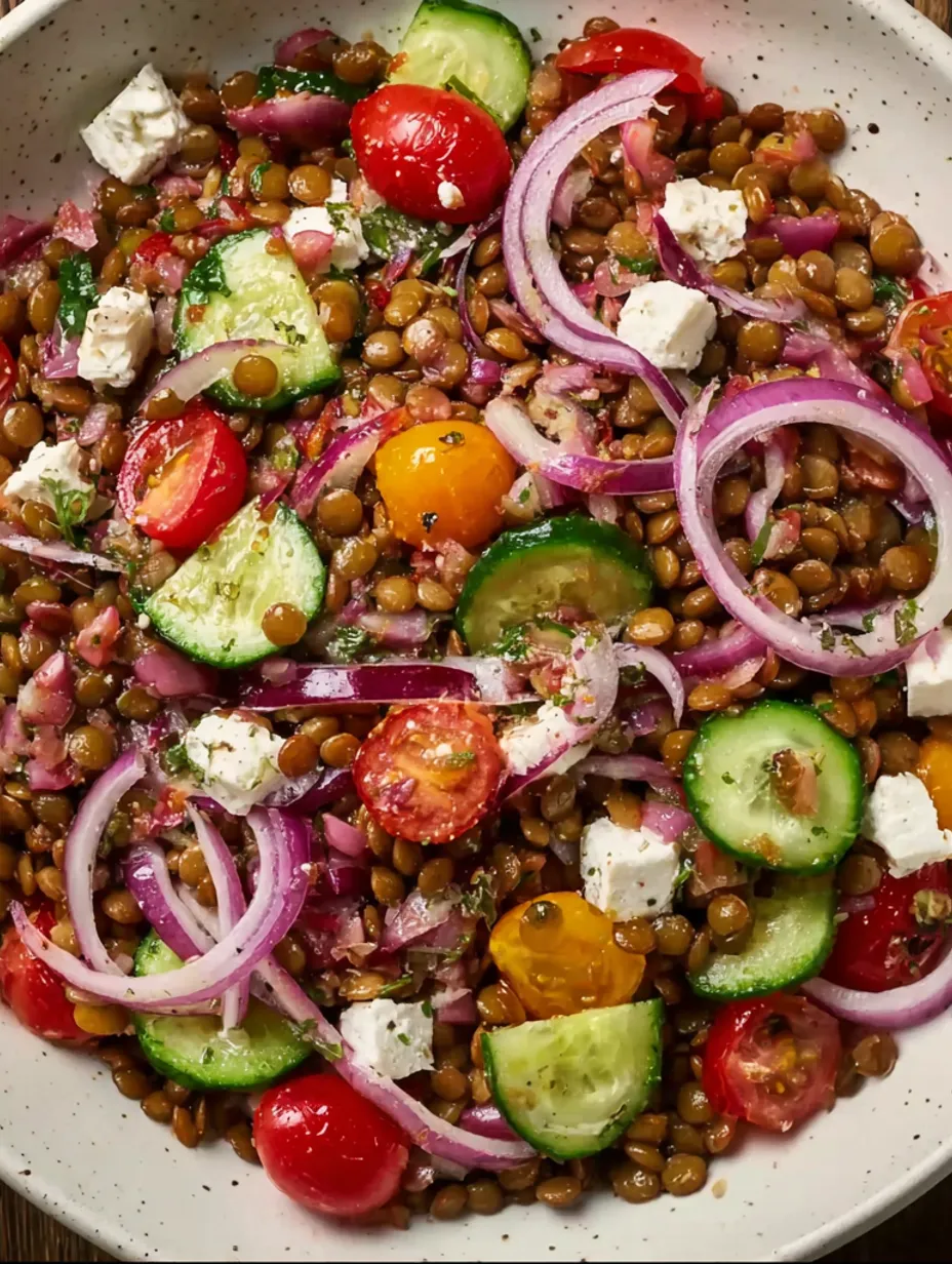 A bowl of lentil salad with tomatoes, cucumbers, and olives.