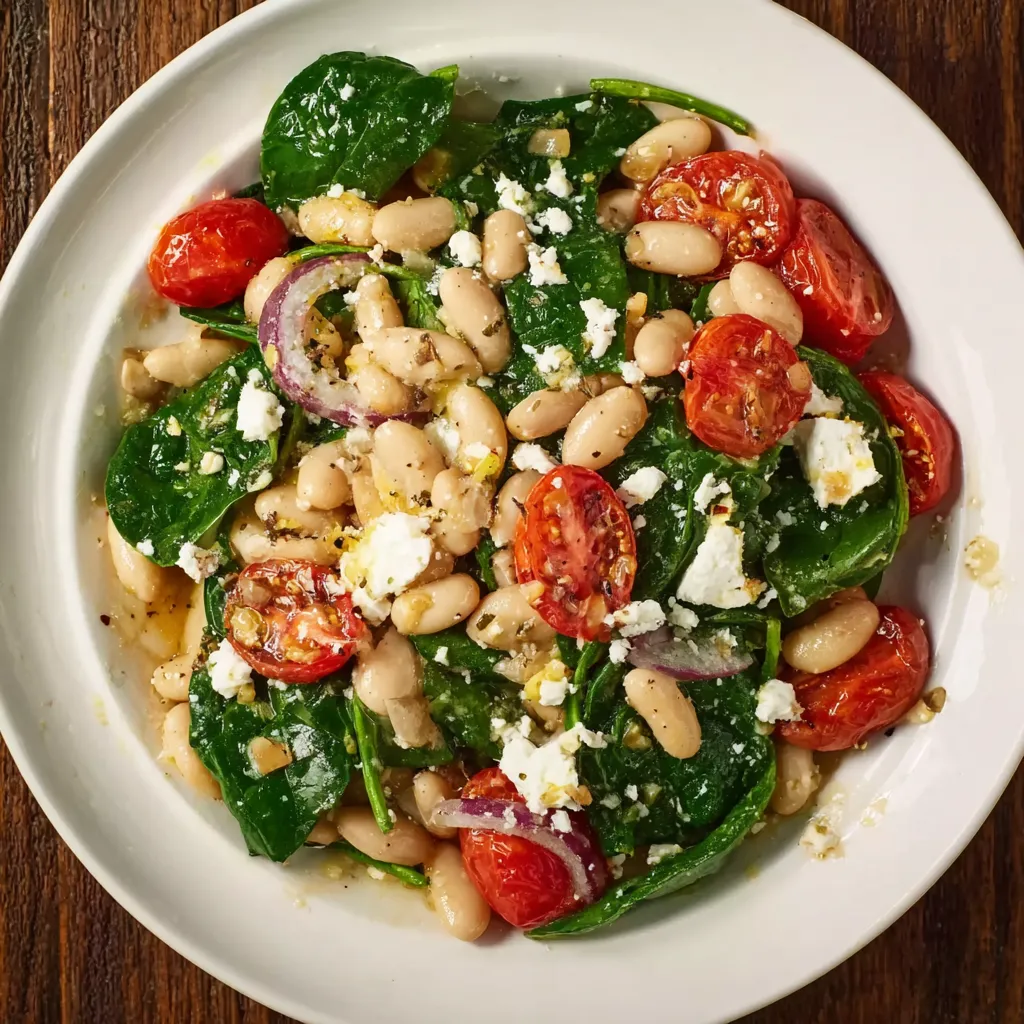 A white plate with a salad of beans, tomatoes, and greens.