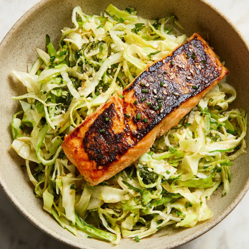 A bowl of food with a piece of salmon and cabbage.