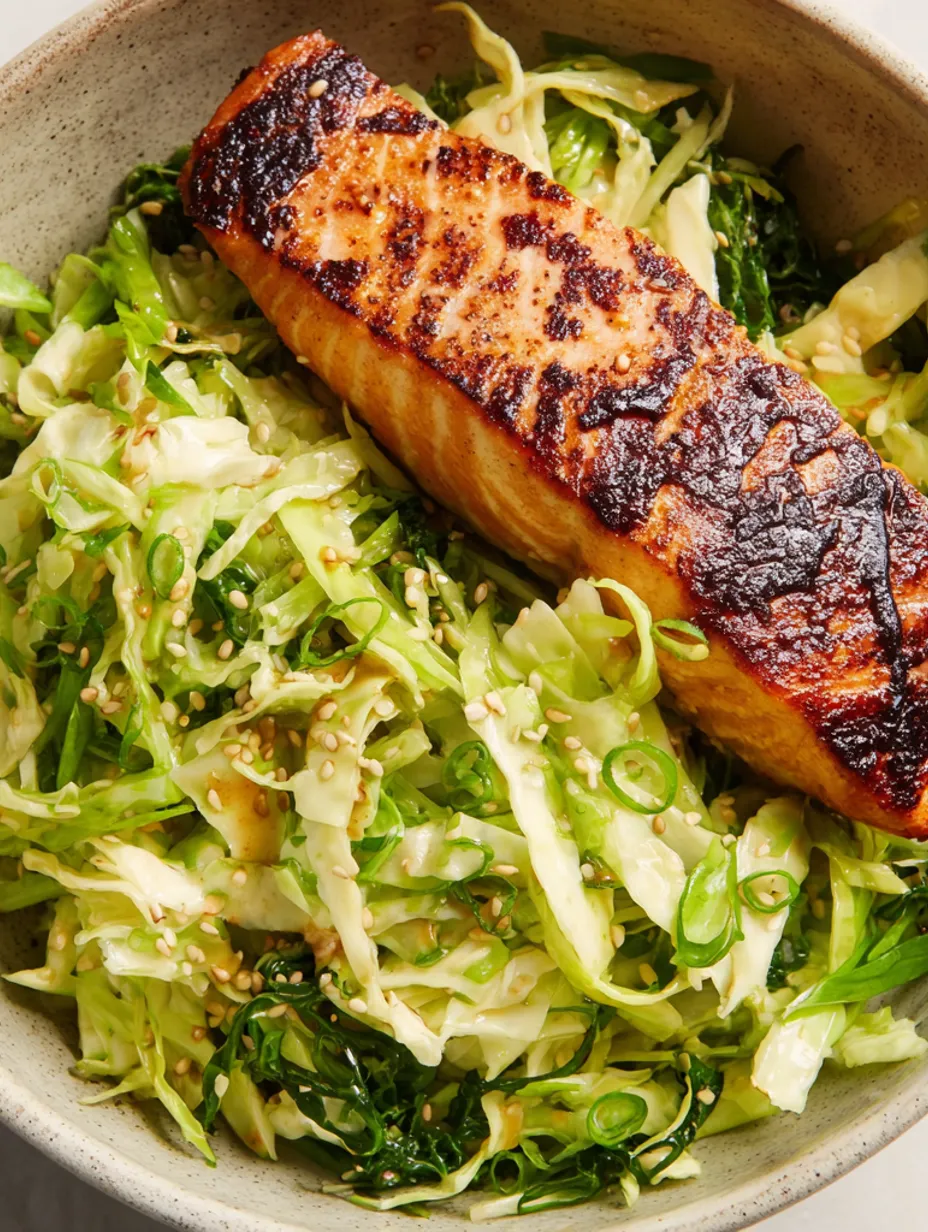 A salmon dish with sesame seeds and cabbage.
