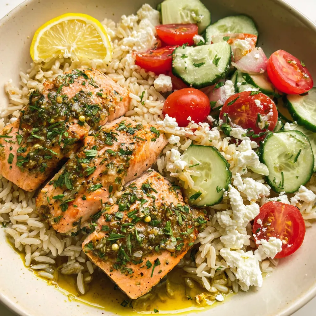 A bowl of food with salmon, rice, cucumber, tomato, and feta cheese.