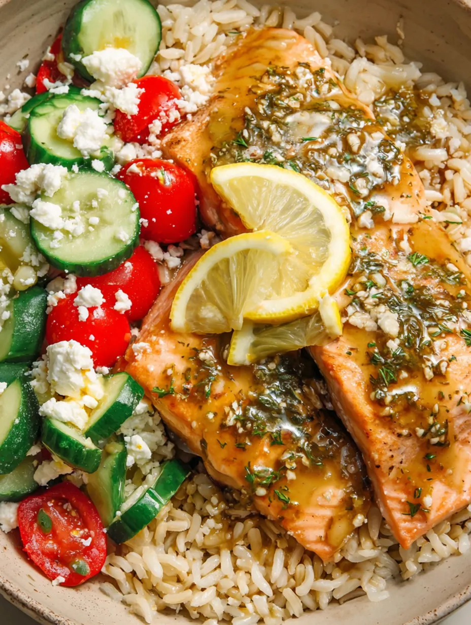 A bowl of food with salmon, rice, cucumber, tomato, and feta cheese.