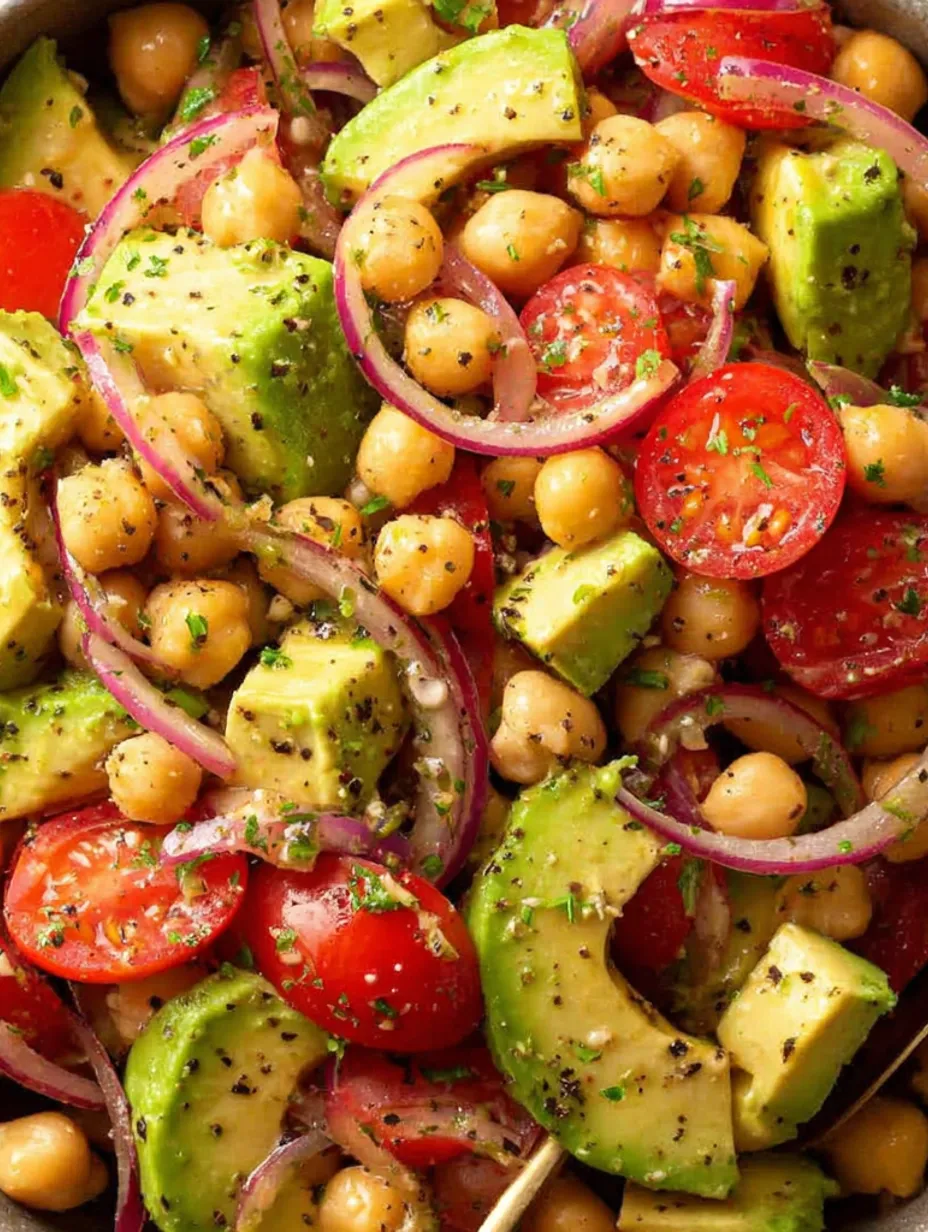 A close up of a 5-ingredient avocado and chickpea salad.