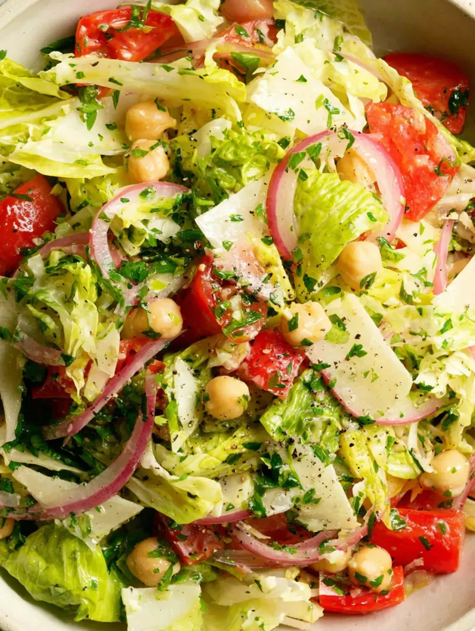 A salad with lettuce, tomatoes, onions, and chickpeas.
