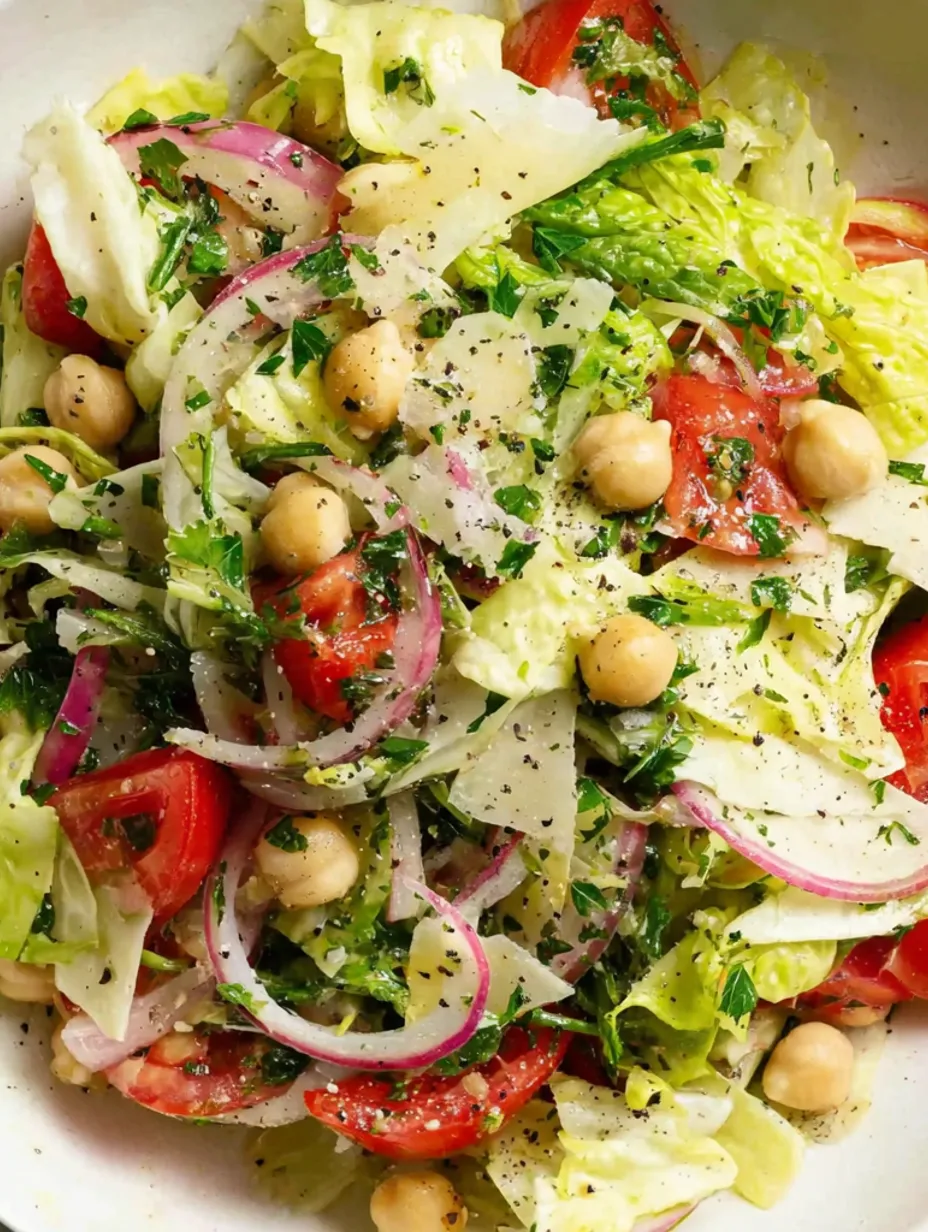 A salad with tomatoes, lettuce, and chickpeas.