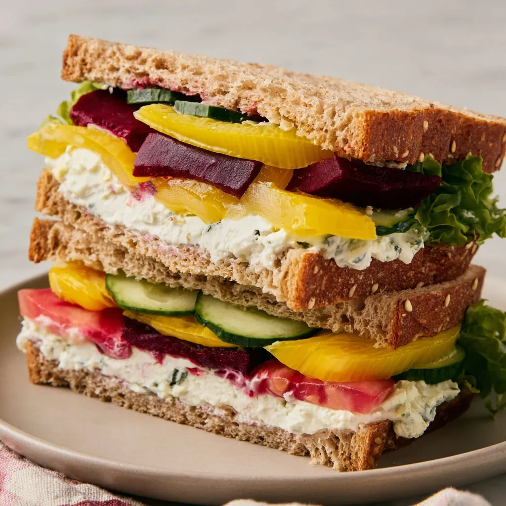 A veggie sandwich with garlic-herb cheese.