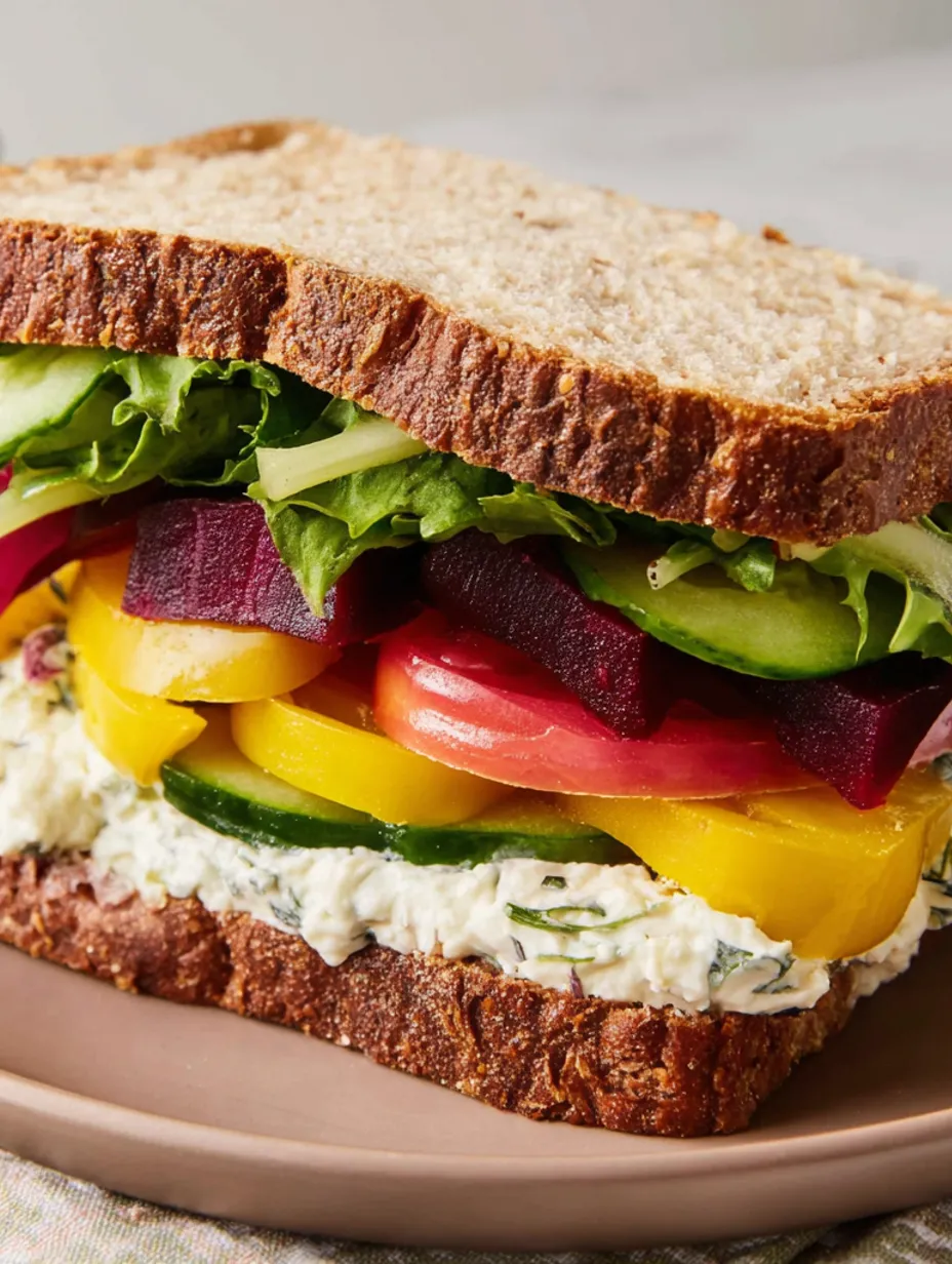 A sandwich with lettuce, tomato, and cucumber.