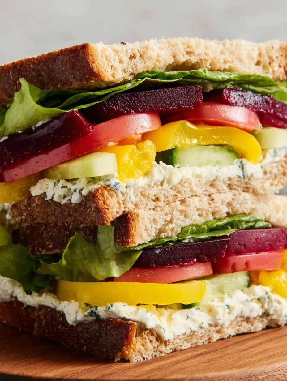 A veggie sandwich with garlic-herb cheese.