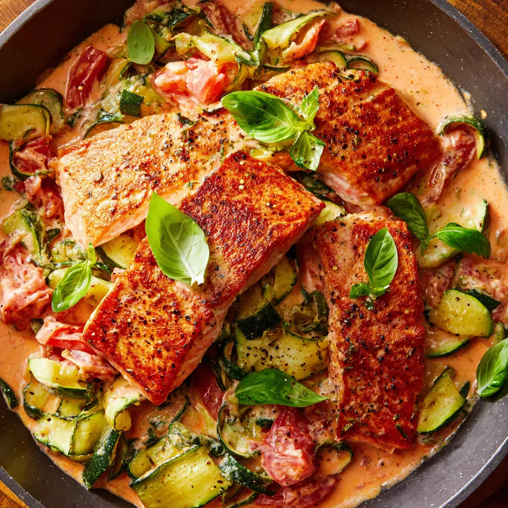 A skillet with salmon and vegetables.