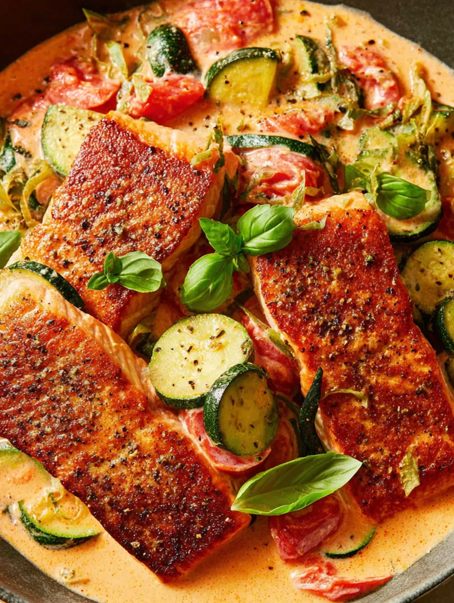 A skillet with salmon and vegetables.