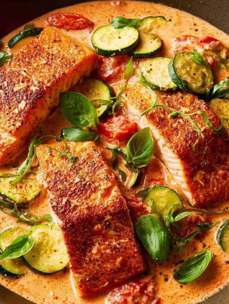 A skillet with salmon and vegetables.