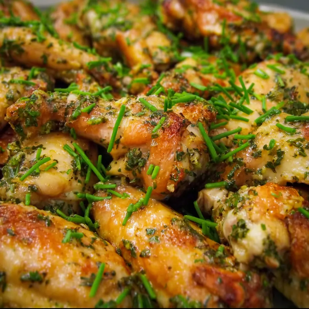 A close up of some chicken bites with herbs on top.
