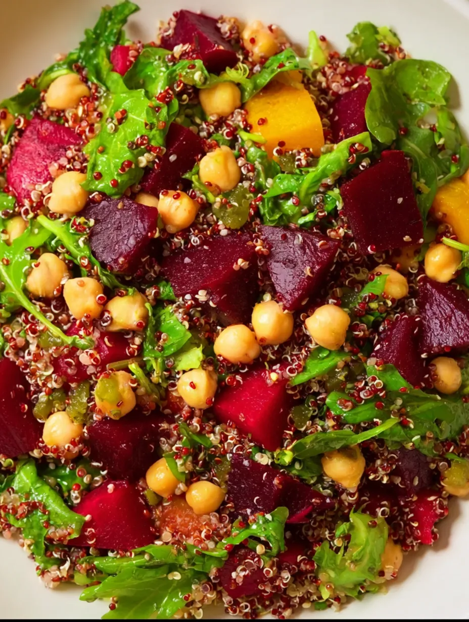 A bowl of a salad with chickpeas, beets, and quinoa.