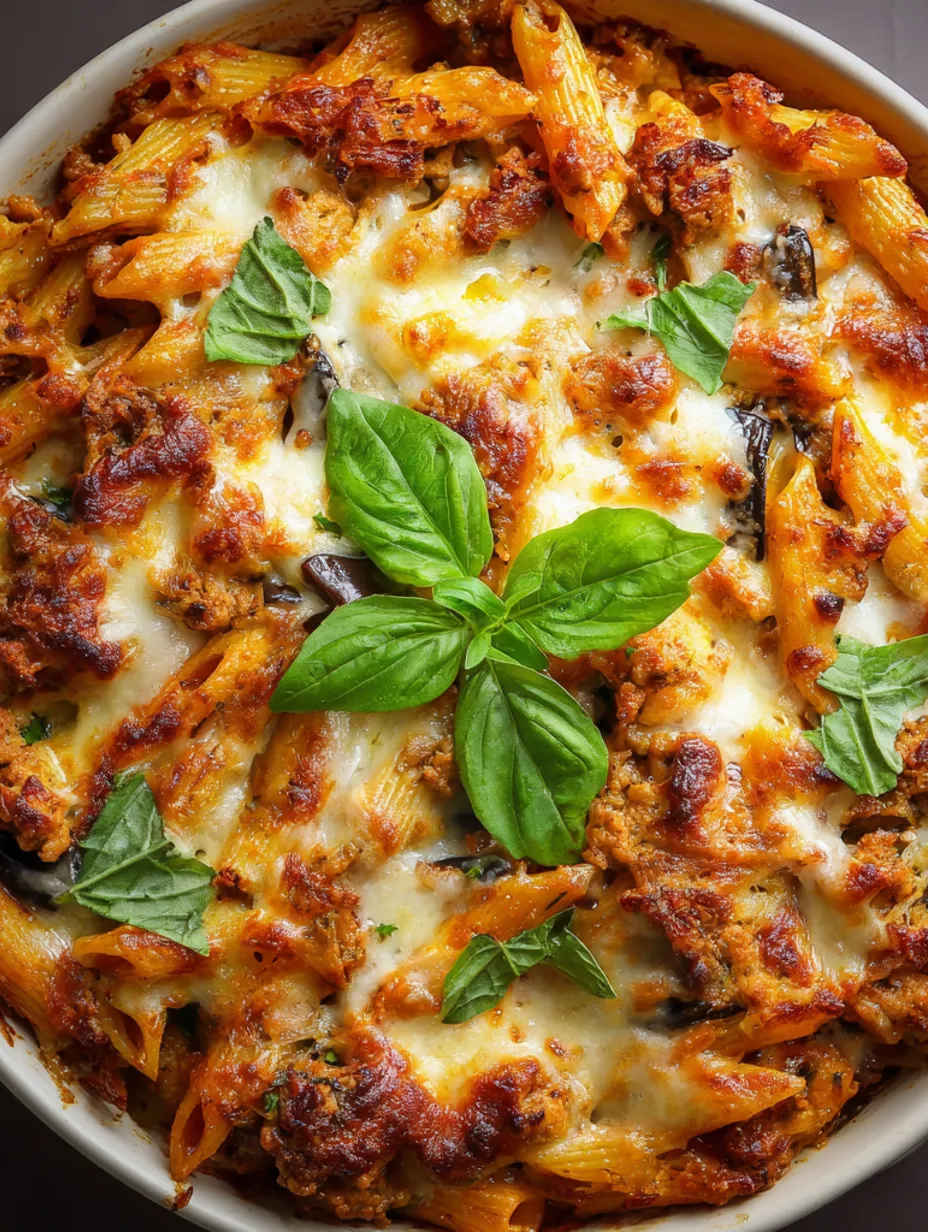 A close up of a dish with penne pasta, sausage, eggplant, and cheese.