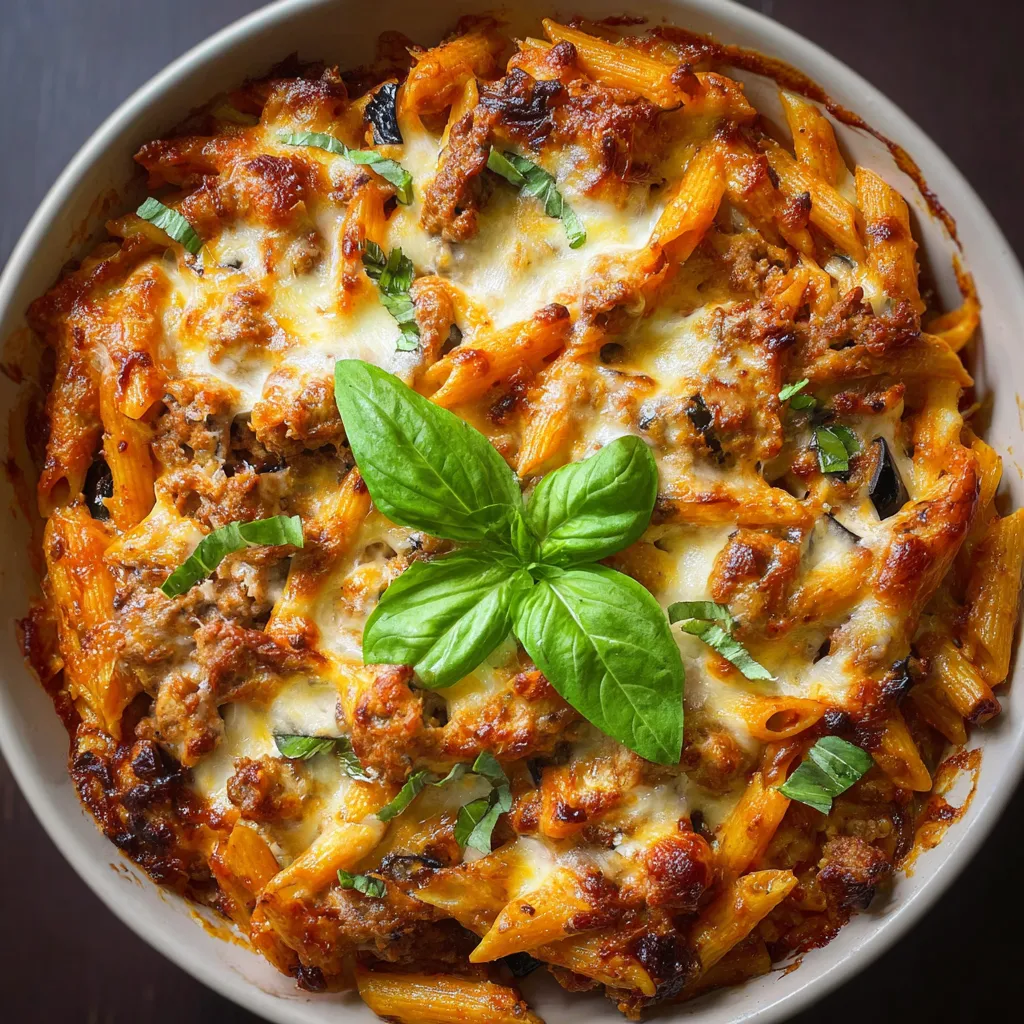 A bowl of pasta with sausage and eggplant.