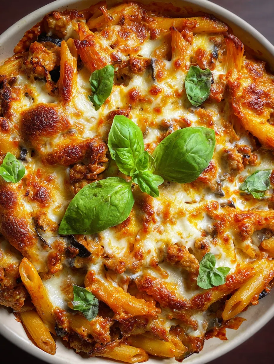 A close up of a plate of pasta with sausage and eggplant.