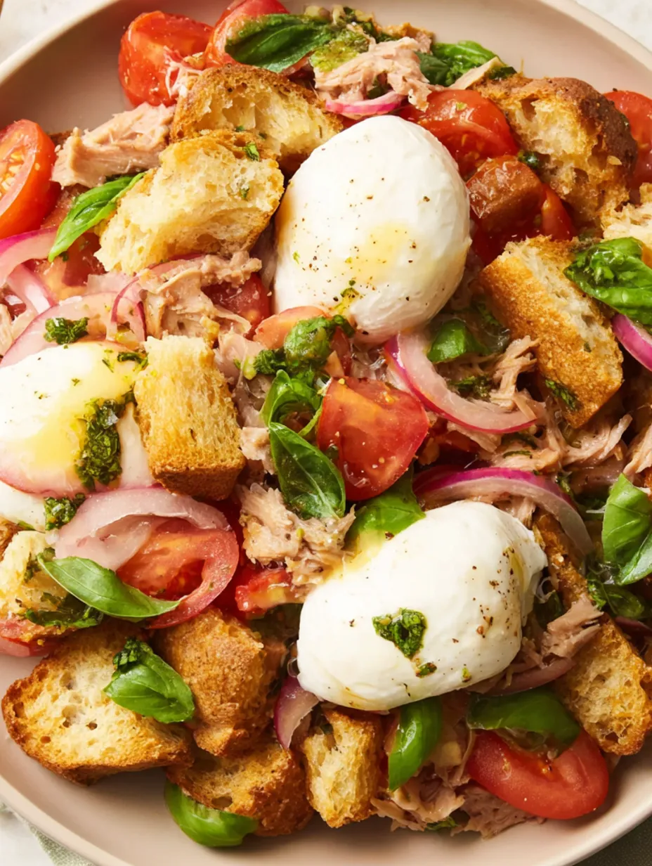 A dish of panzanella with burrata and tuna.