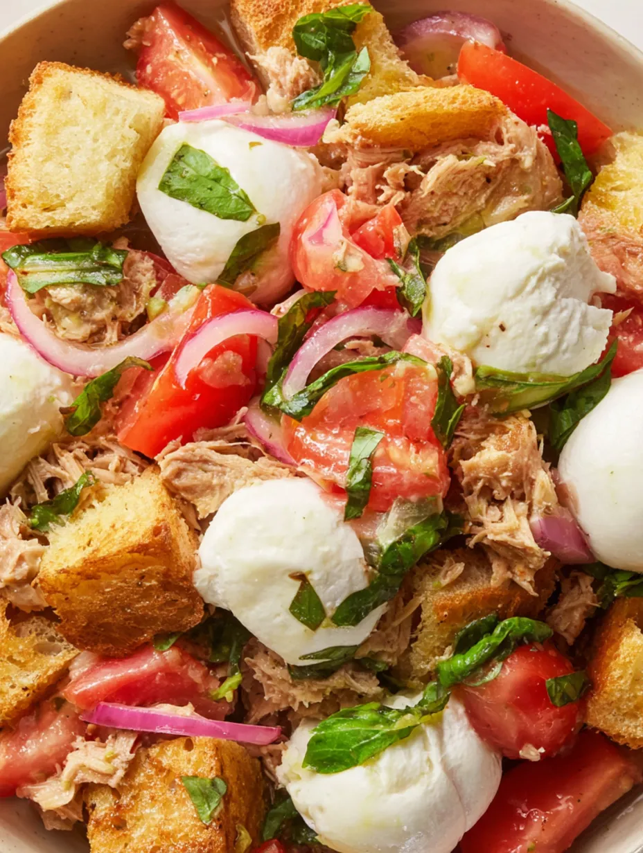 A dish of panzanella with burrata and tuna.