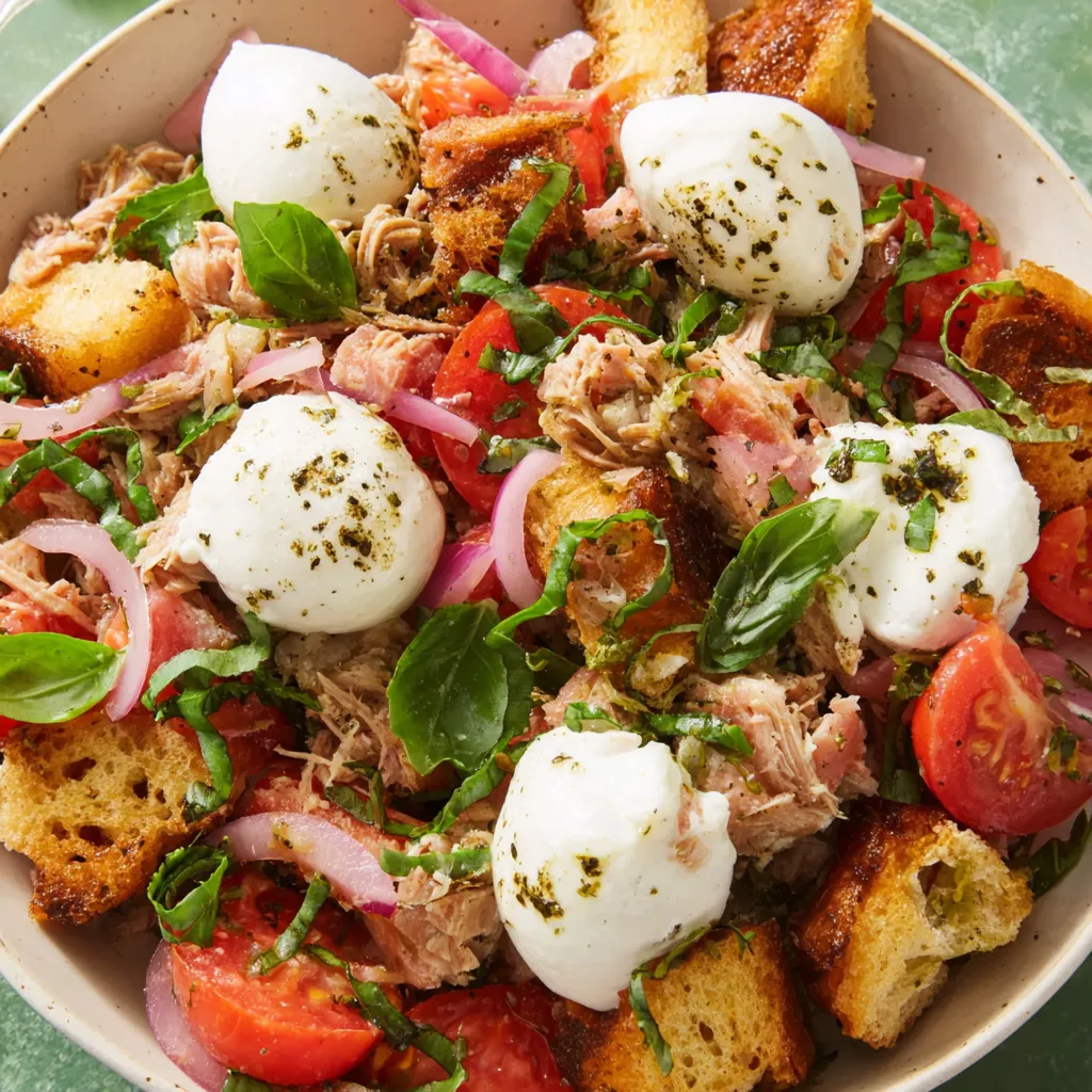 A bowl of food with tomatoes, onions, and bread.
