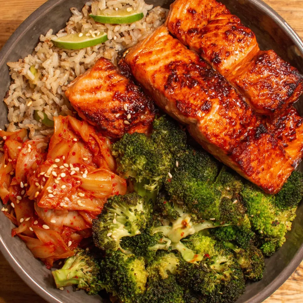 A bowl of food containing broccoli, rice, and salmon.