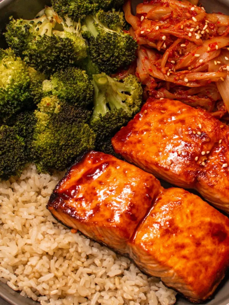 A plate of food with rice, broccoli, and salmon.