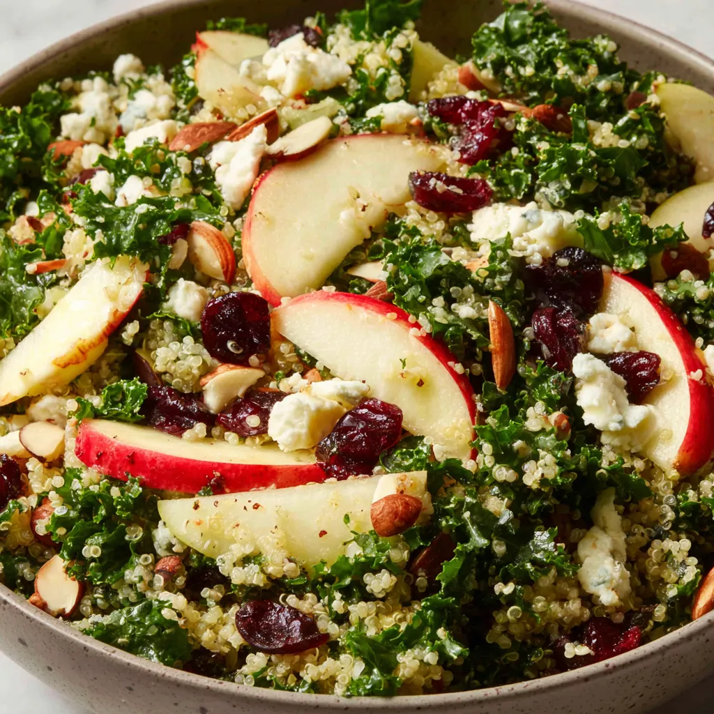 A bowl of kale, quinoa and apple salad.