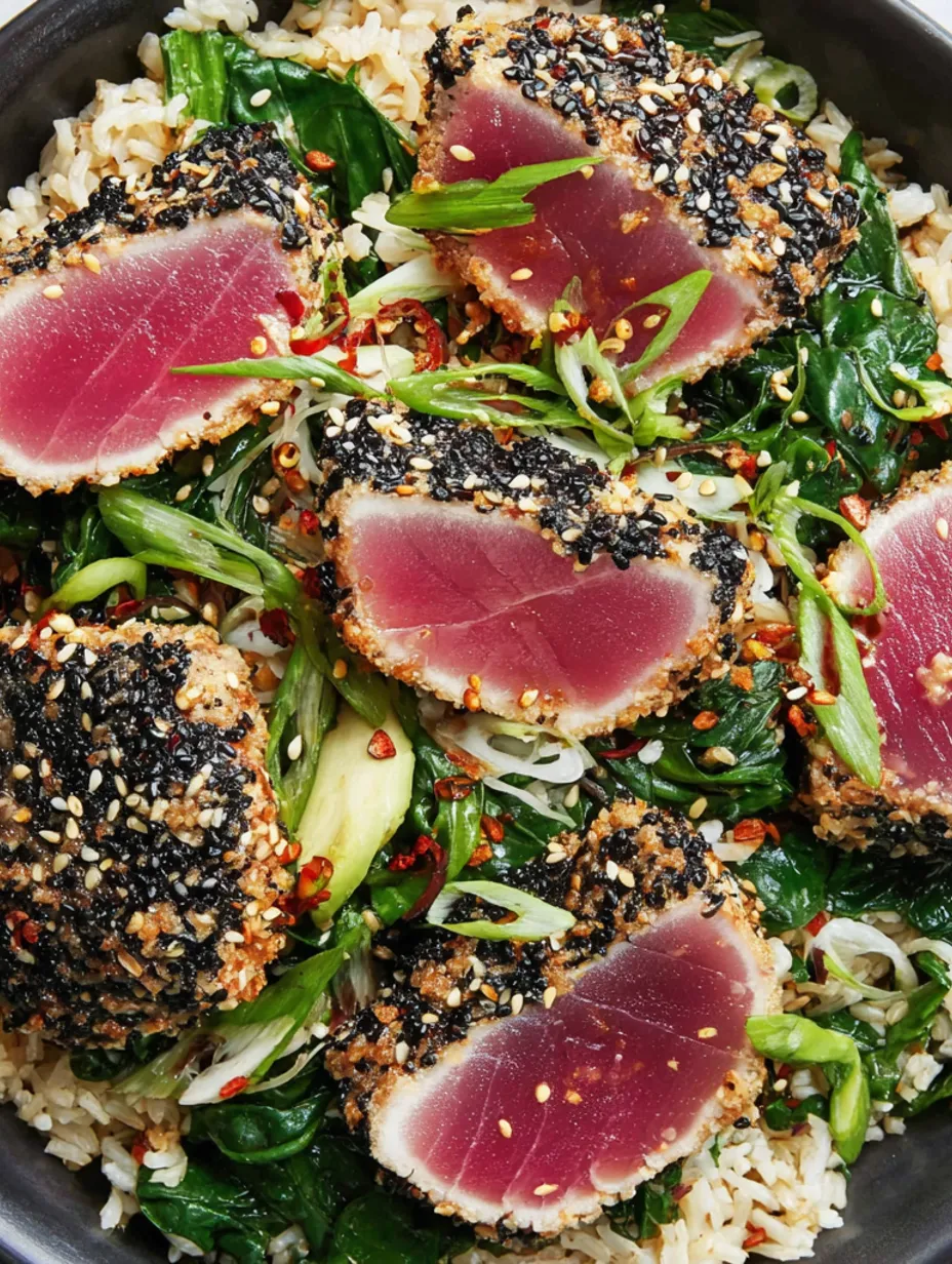Sesame-crusted tuna rice bowls with greens.