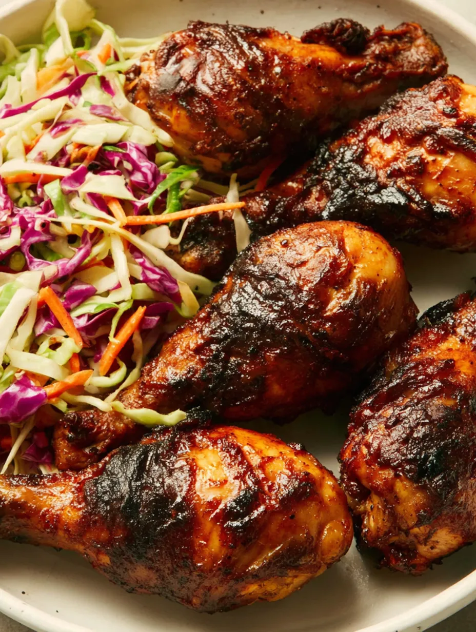 Marinated chicken drumsticks with cabbage slaw.