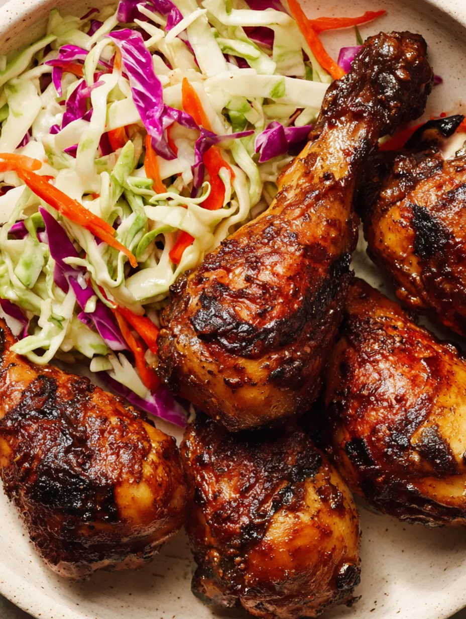 Marinated chicken drumsticks with cabbage slaw.
