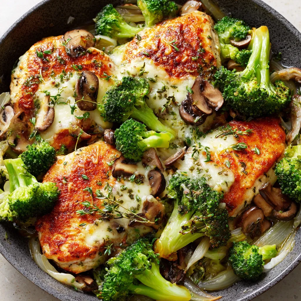 A dish of chicken with broccoli and mushrooms.