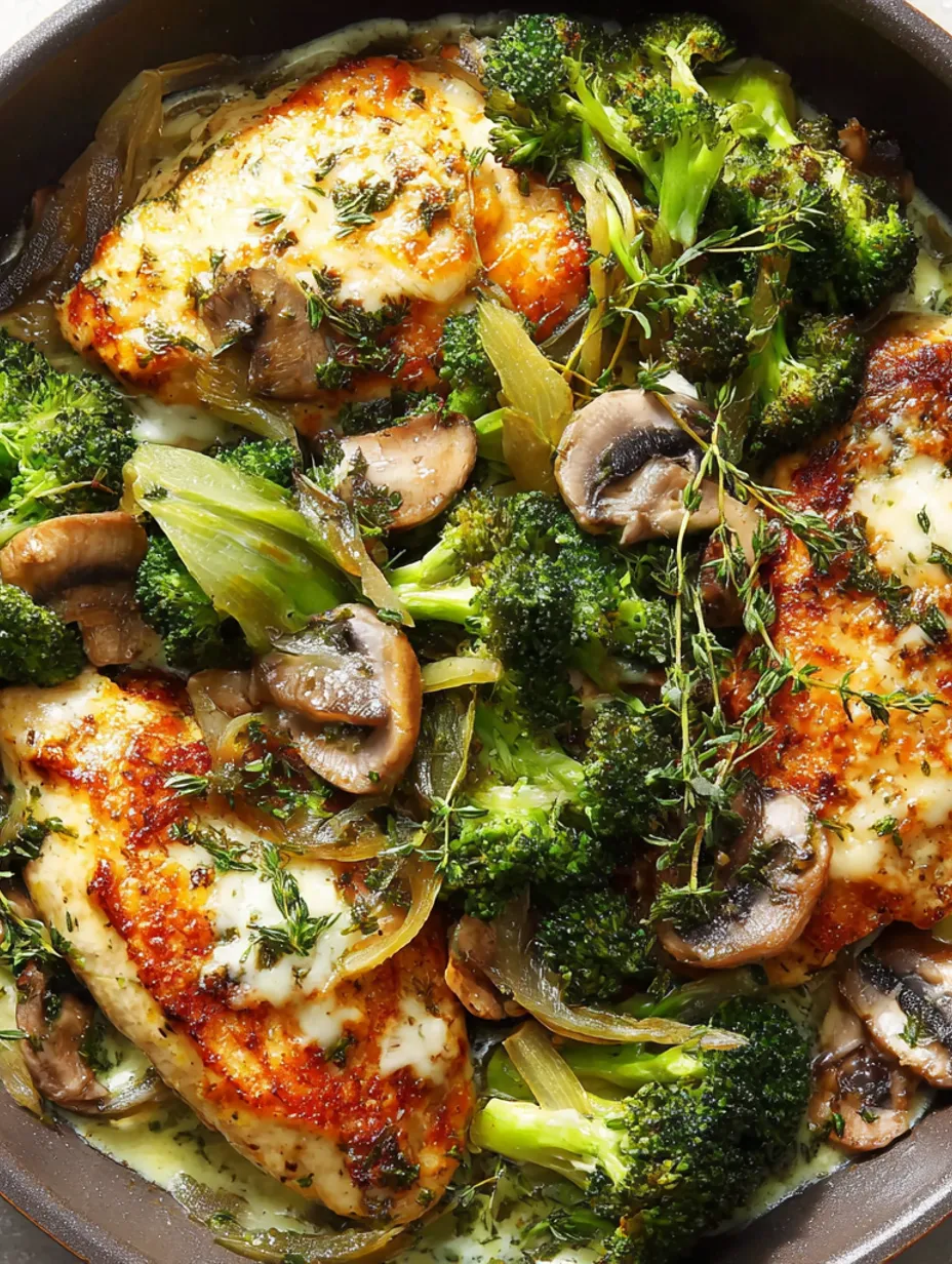 A dish of chicken with broccoli and mushrooms.