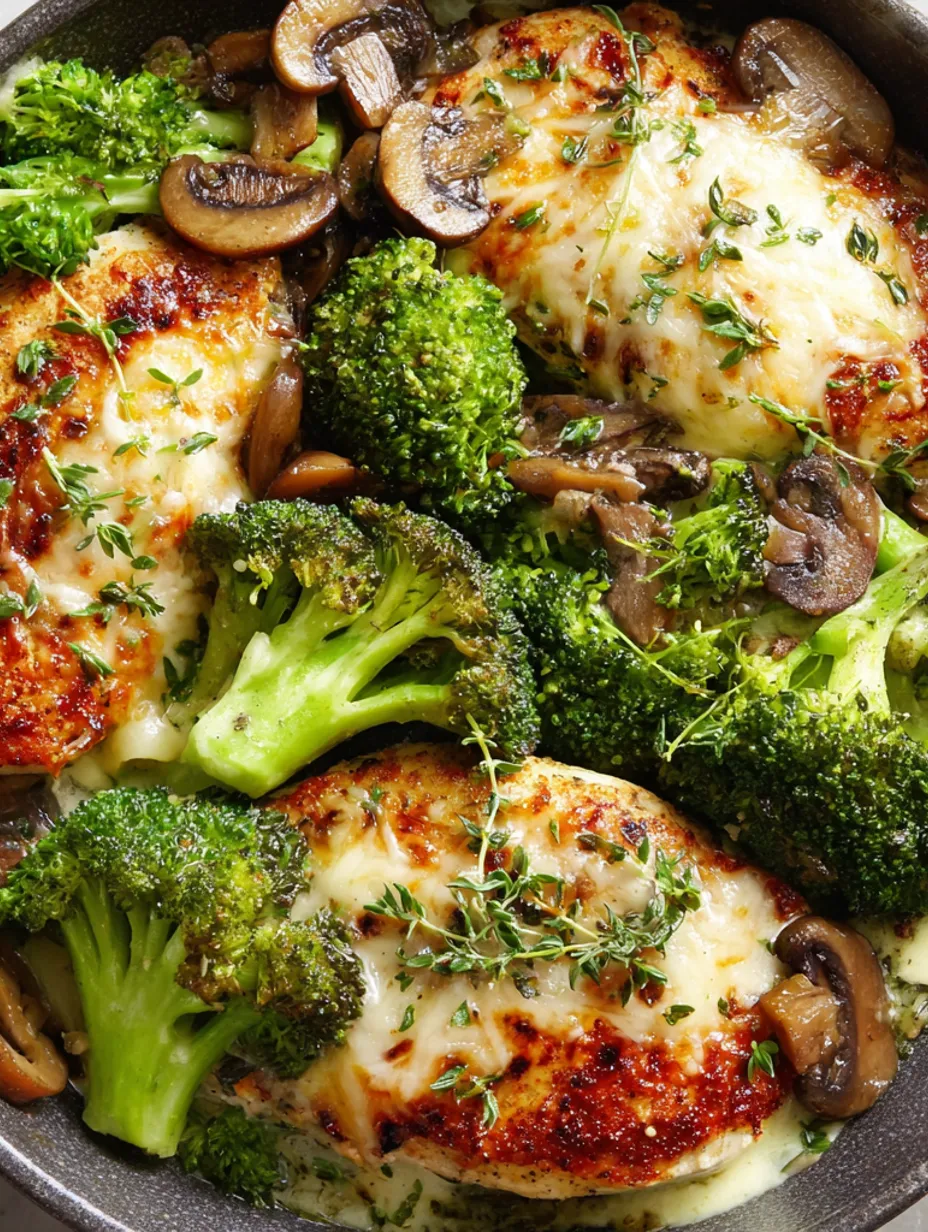 A plate of chicken with mushrooms and broccoli.