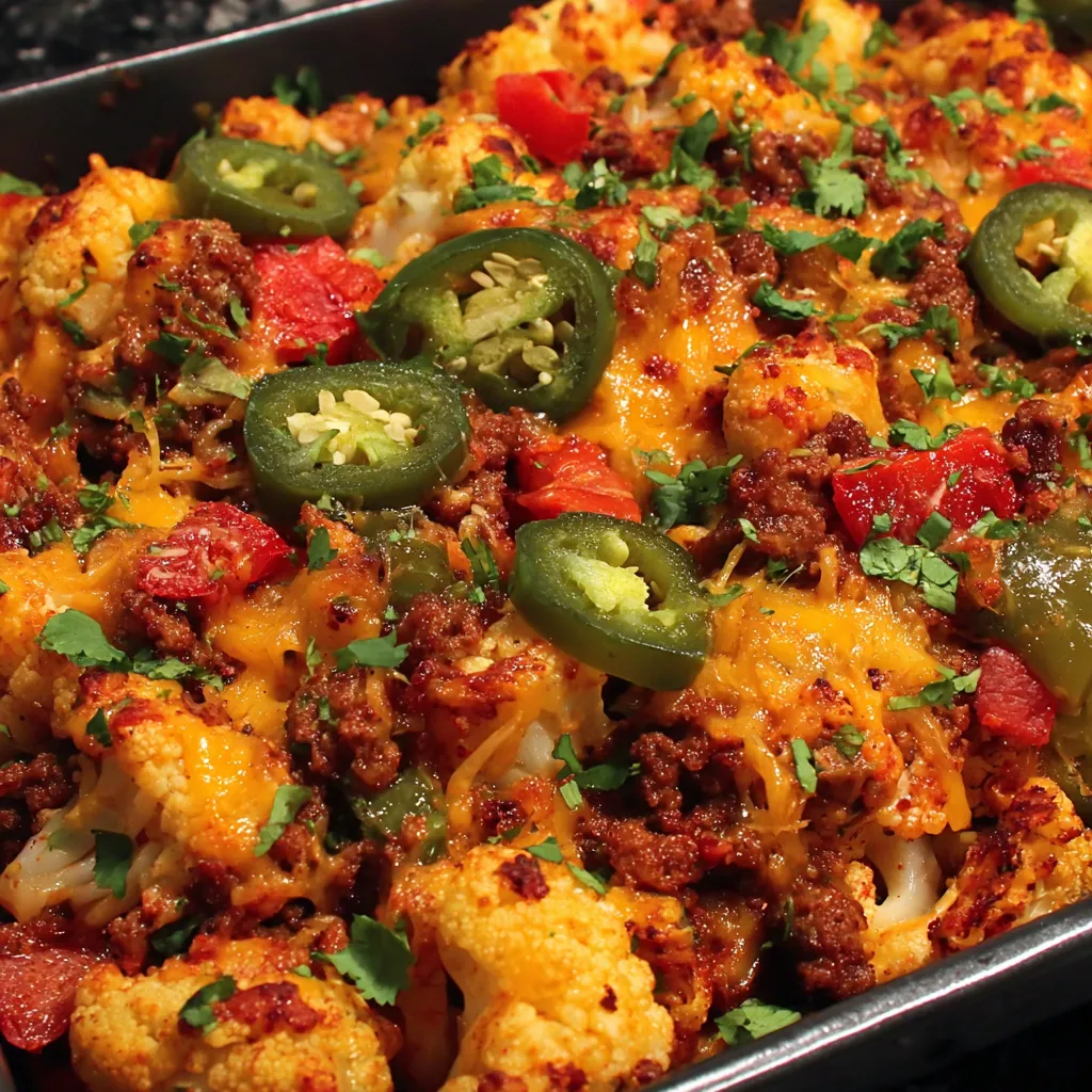 A pan of cheesy ground beef and cauliflower casserole.