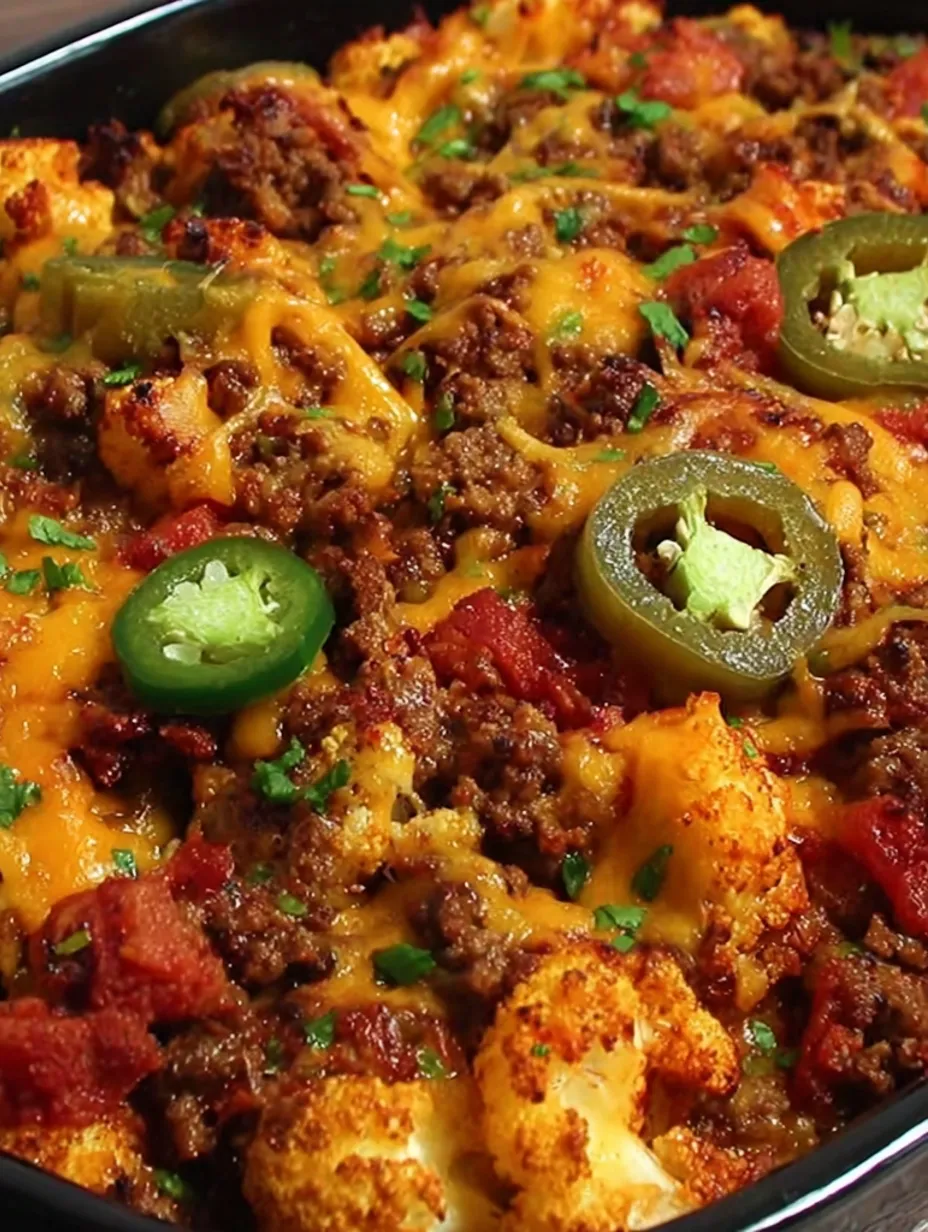 A close up of a cheesy ground beef and cauliflower casserole.