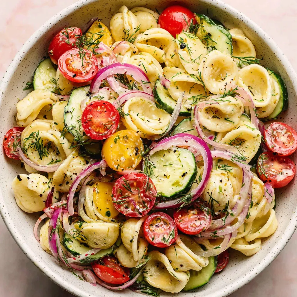 A bowl of pasta salad with cucumbers and tomatoes.
