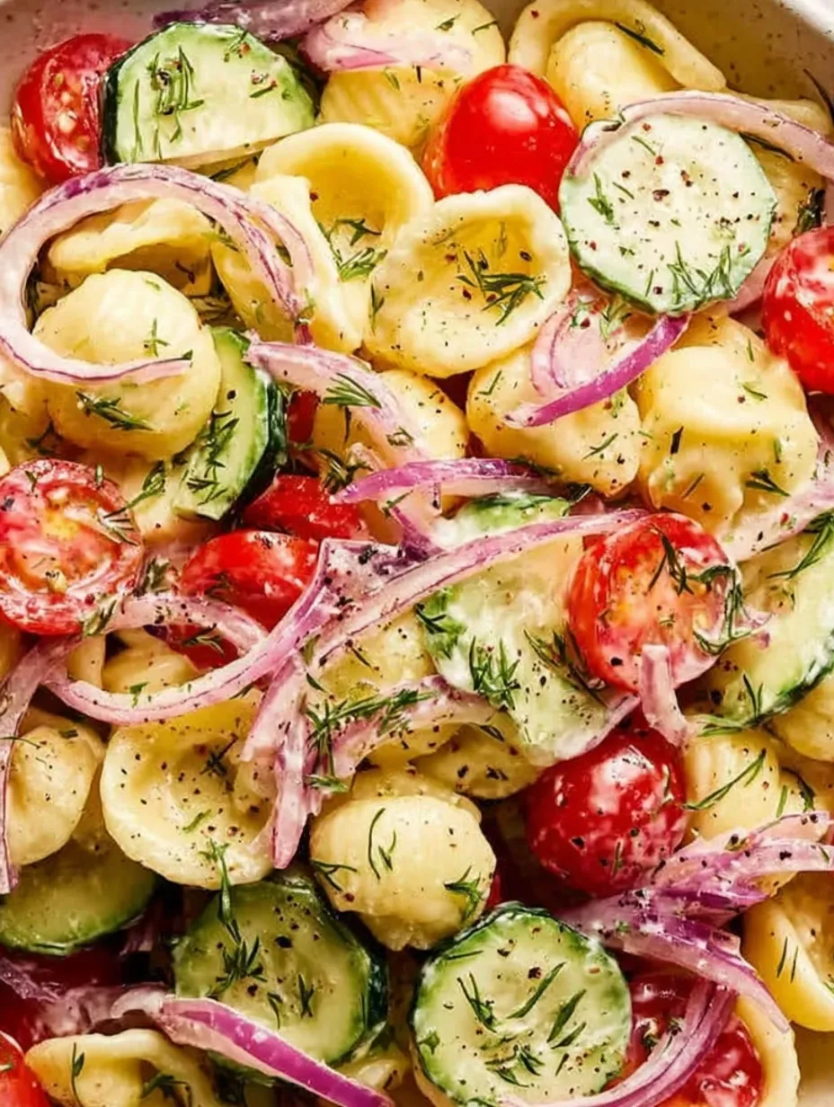 A close up of a cucumber pasta salad.