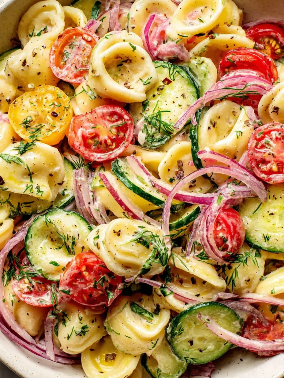 A cucumber pasta salad with tomatoes, onions, and basil.