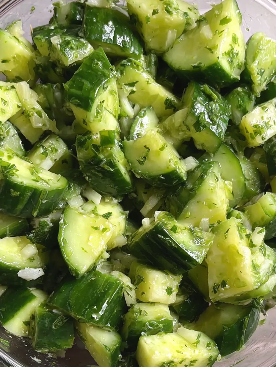 A close up of a smashed cucumber salad with lemon and cumin.