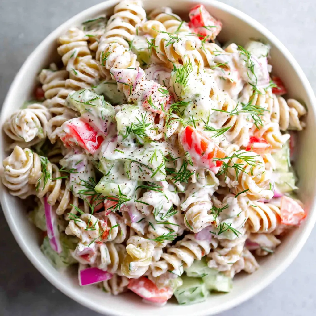 A bowl of pasta salad with dill pickles and creamy dill dressing.