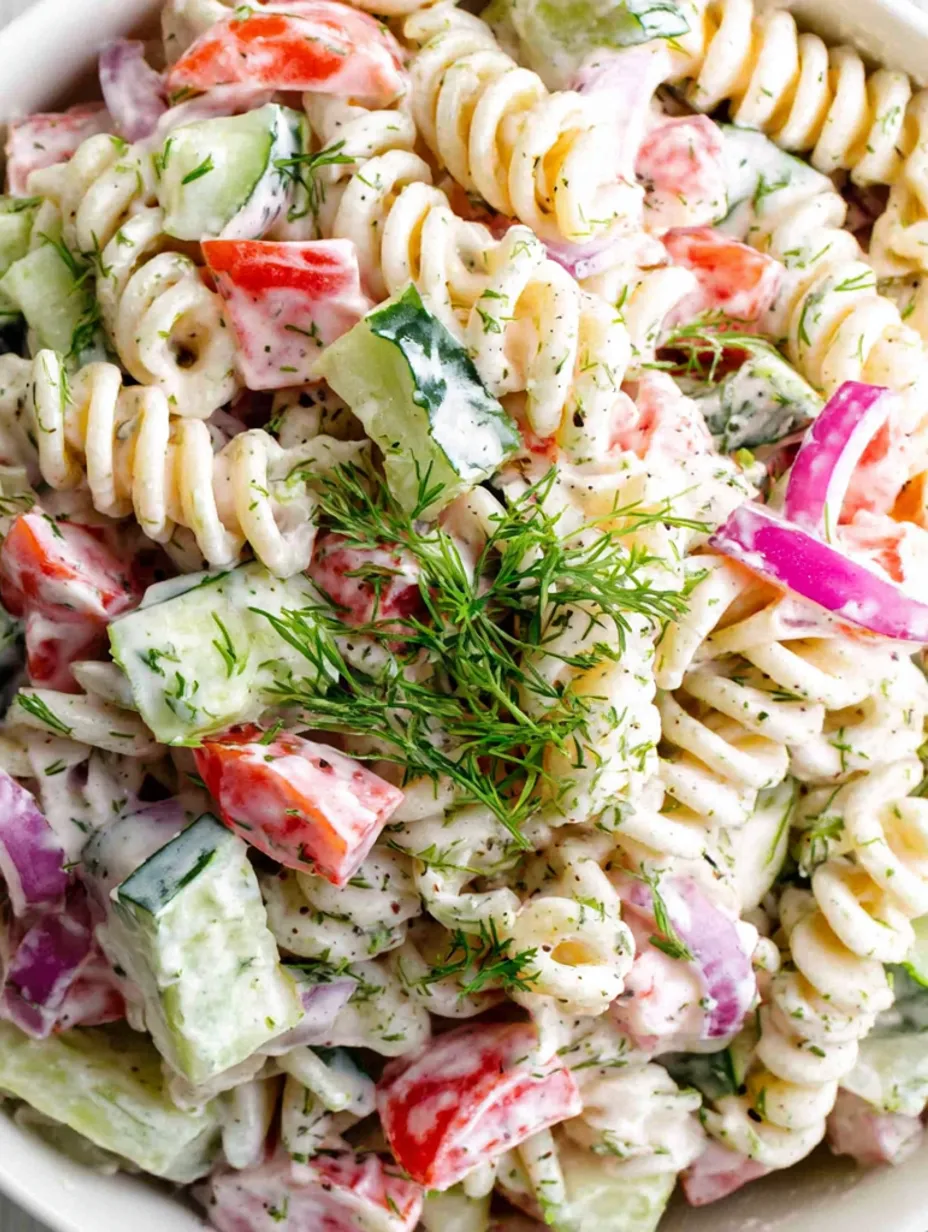 A dill-pickle pasta salad with creamy dill dressing.
