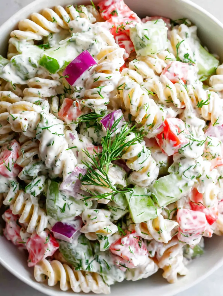 A bowl of pasta salad with dill and pickles.