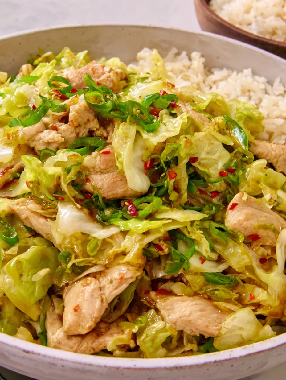 A plate of spicy chicken and cabbage stir fry.