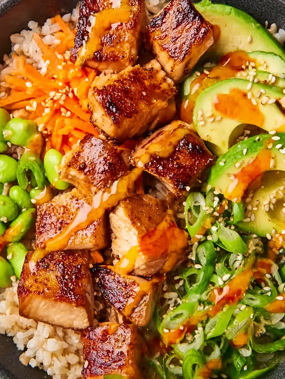 A rice bowl with crispy salmon and vegetables.