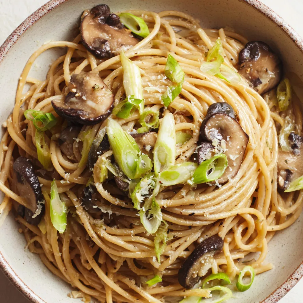 A bowl of mushroom-miso pasta.