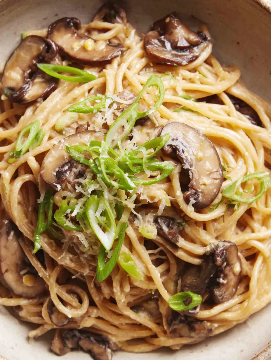 A bowl of mushroom-miso pasta.