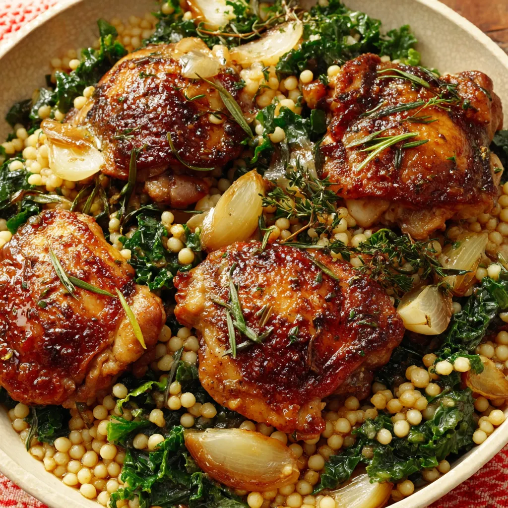 A bowl of chicken thighs with couscous and kale.