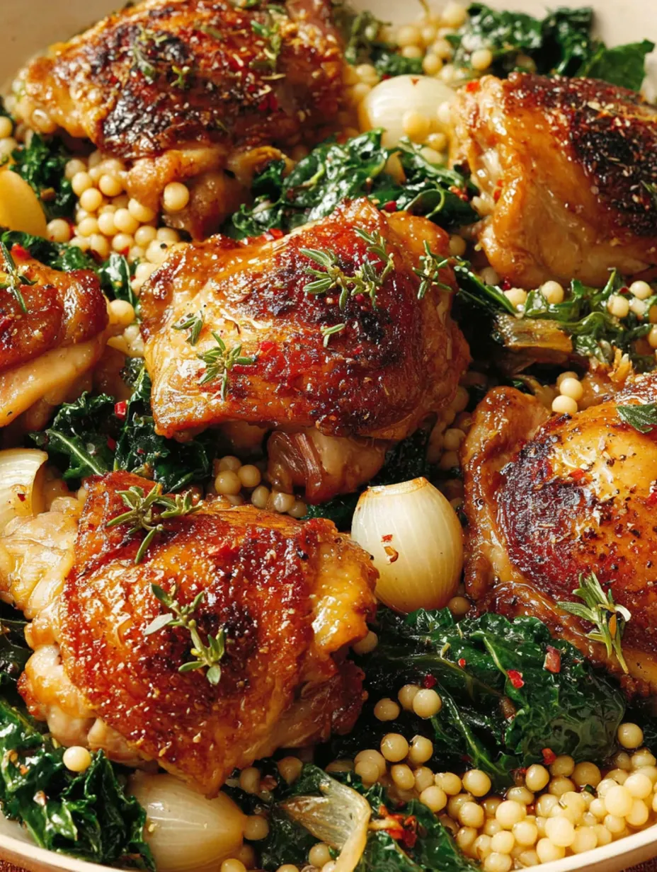 Chicken thighs with couscous and kale.