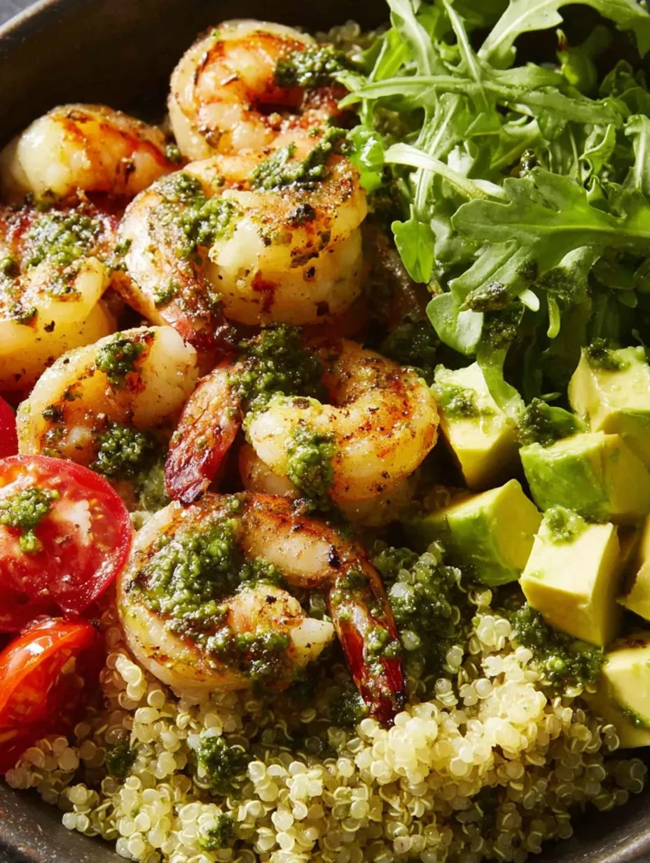 A bowl of shrimp, pesto, and quinoa.